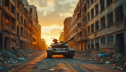 a tank advances down a debris-strewn street between heavily damaged buildings under a fiery sunset, depicting the grim reality of urban warfare.