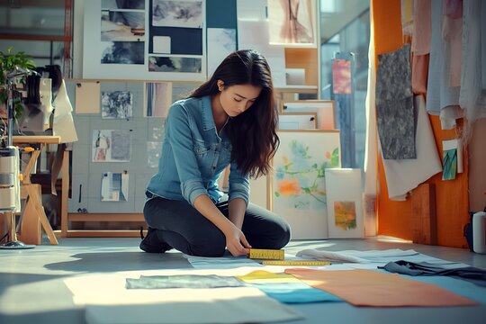 A young fashion designer kneels on the floor, measuring fabric for a unique design. The studio is filled with natural light, showcasing a vibrant palette of colors