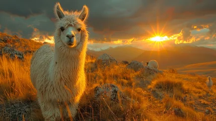 Stickers Lama A charming image of a llama with a scenic mountain backdrop, its wool texture and gentle expression captured in the golden light of sunset.  © Shahzaib