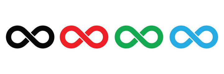 infinity icon set vector on white background. forever, future, shape, motion, eternity, limitless, loop, endless, signs, icon, line, infinite, curve, arrow symbol.
