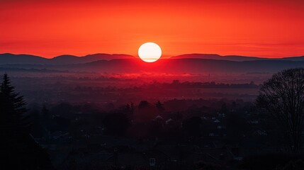 Fiery sunrise over silhouetted city