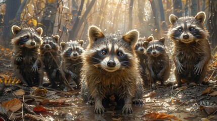 Obraz premium A charming scene of a group of raccoons exploring a forest floor, their curious expressions and the detailed surroundings captured with an engaging, realistic quality