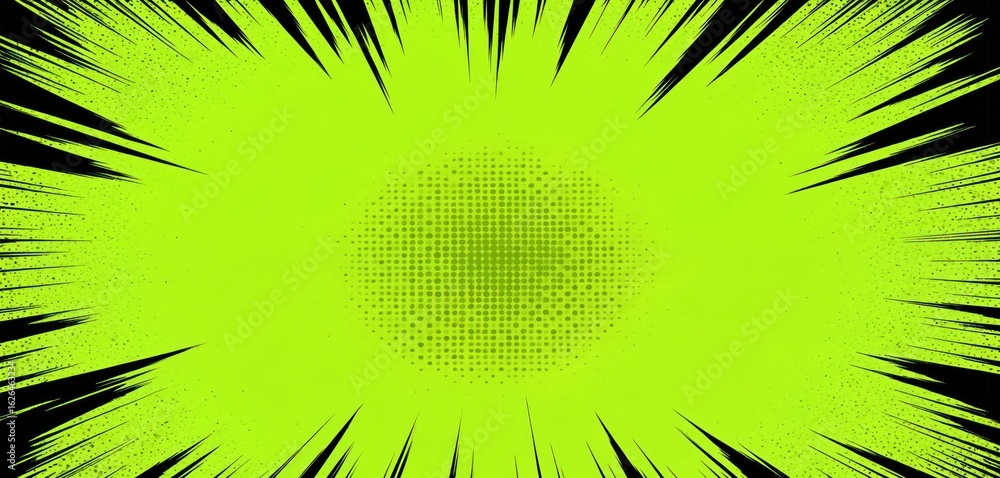 Poster yellow circle dominates center of abstract scene with striking black line. gray stripes background f
