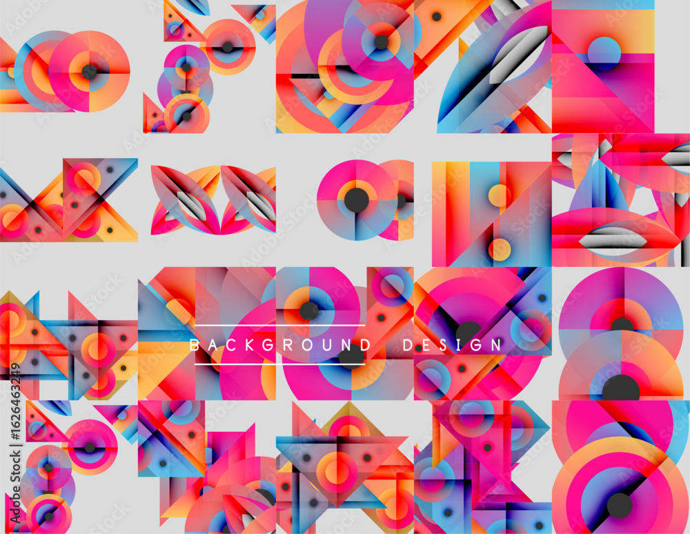 Poster abstract geometric patterns, vibrant colors, modern design elements. composition features overlappin