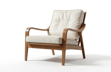 Beige armchair in midcentury modern style with wooden frame, white cushioned. Curved backrest in elegant, minimalist design. Gray floor, beige wall, warm tones, neutral backdrop, balanced composition