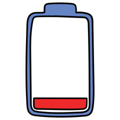 Hand-drawn cartoon low charged battery on white background.