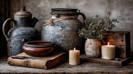Vintage Rustic Still Life with Antique Jugs, Candles, and Dried Herbs on Wooden Table