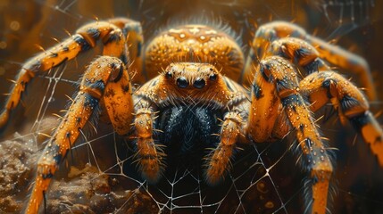 A detailed portrayal of a spider weaving its web, the silk strands and the spider's intricate patterns captured with exquisite clarity.