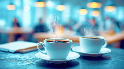 Fototapeta premium Cups of coffee in the background - working atmosphere in the office.