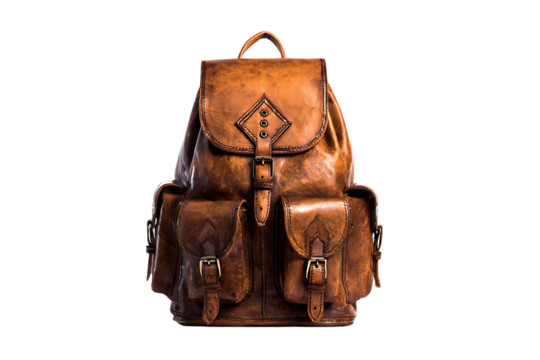 High quality image of a worn, brown leather backpack.