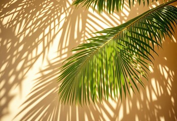 Fototapeta premium Sunlight casts dappled palm leaf shadows on a beige wall Tropical summer background, beige, tropical leaves