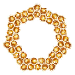 Watercolor illustration of a golden honeycomb wreath arranged in a circular shape. Ideal for honey packaging, organic food branding, eco cosmetics, and beekeeping product design.
