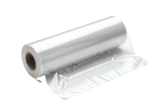 Rolled-up sheet of transparent plastic wrap.