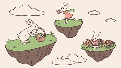 Easter bunnies on floating islands with clouds and easter eggs in a whimsical cartoon illustration