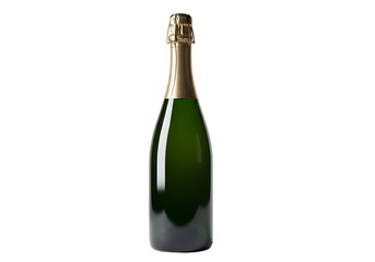 Green bottle of champagne against a black background.