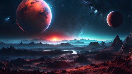 A mysterious planet with glowing rings and a shadowy moon. Cinematic theme, HDR, Vibrant