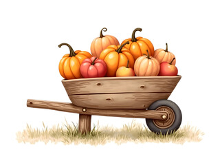Harvest pumpkins and apples in wheelbarrow watercolor illustration