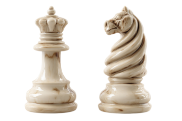 Two light-colored chess pieces, a queen and a knight, isolated against black