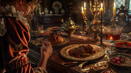 A historian eating a meal inspired by a specific era, with artifacts and decor to match, blending culinary and historical exploration.