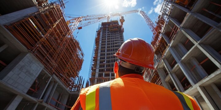 A construction worker observes a tall building under construction, surrounded by cranes and scaffolding, against a bright blue sky.