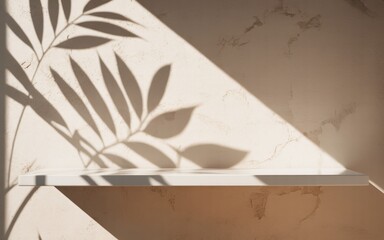 Sunlight filtering through palm leaves casting beautiful shadows on a textured wall above a white shelf