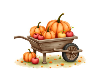 Harvest pumpkins and apples in a wooden wheelbarrow illustration