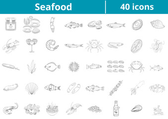 Seafood icon set featuring 40 hand-drawn illustrations 