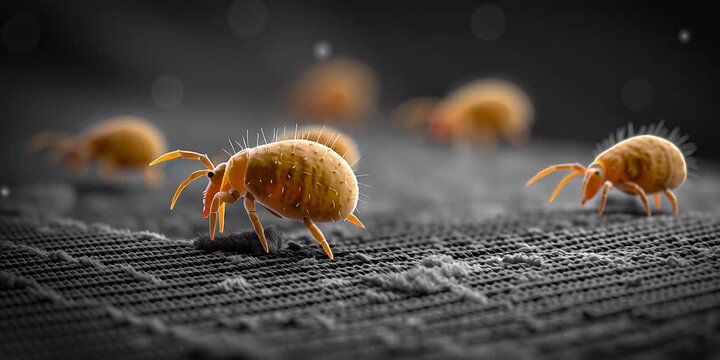 A detailed view of dust mites, tiny creatures that live in carpet and fabric