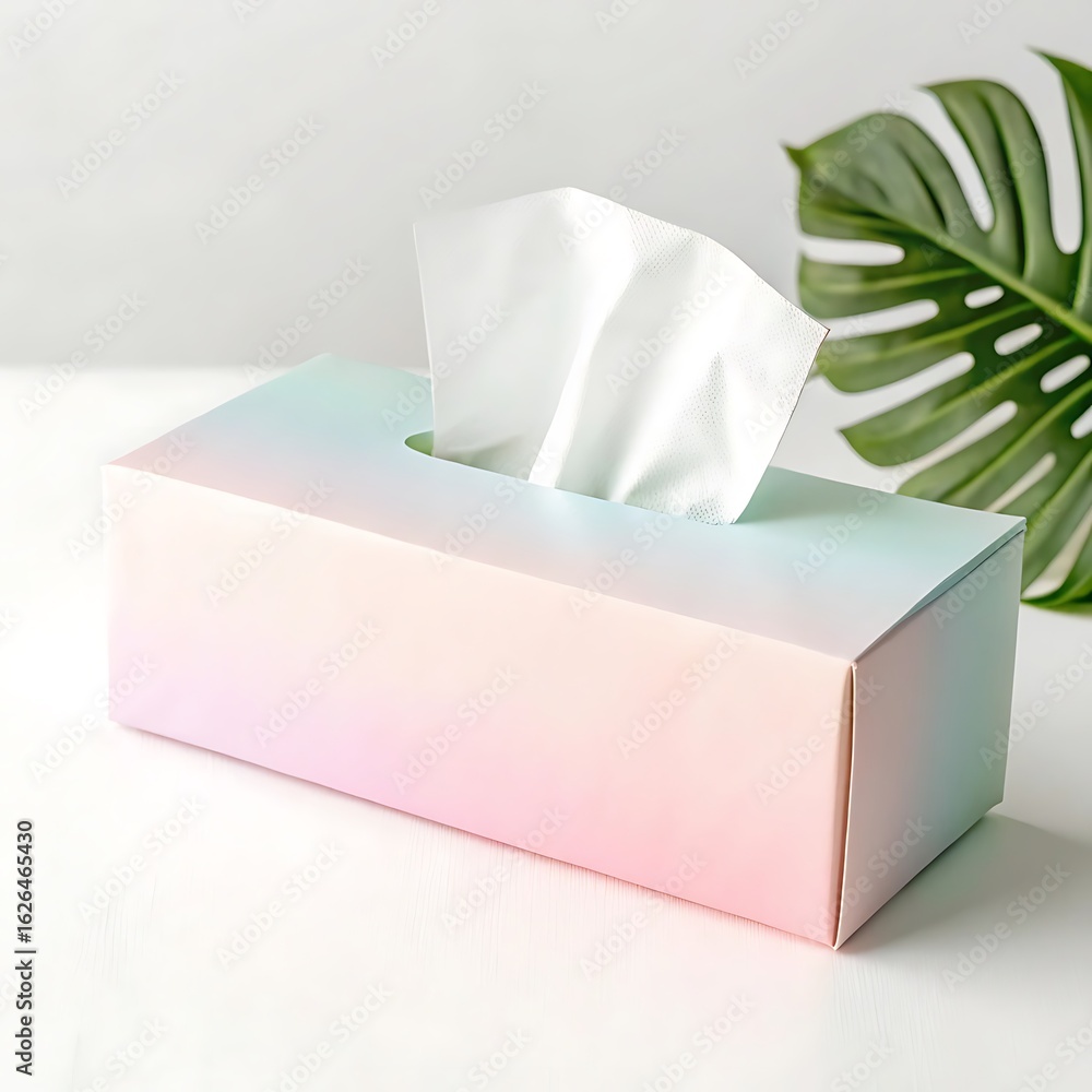 Poster a pastel gradient tissue box with soft colors and a monstera leaf in the background, perfect for add