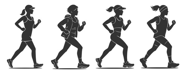 Set cartoon silhouette female engaging fitness and athletic activity. Bundle people doing running activity with various outfit. Flat vector illustrations healthy lifestyle. Female sprinter athlete.