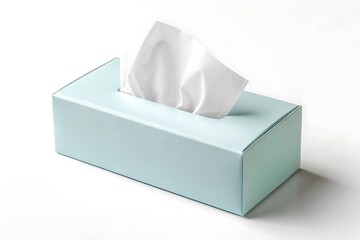 Light blue tissue box with white facial tissue isolated on white background, perfect for hygiene, healthcare, or household needs clean, soft, and absorbent