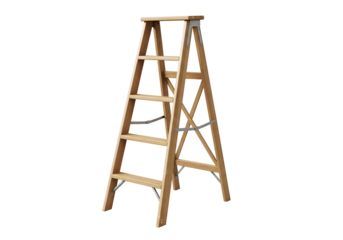 Light brown wooden stepladder against a black background.