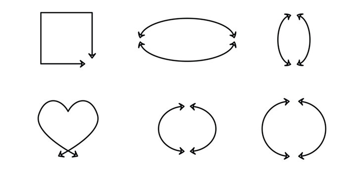 Pfeile in Formen: Handgezeichnete Richtungspfeile in Quadrat, Kreis, Herz und Ellipse, Bewegung, Skizze, Doodle-Stil, Orientierung, Vektorillustration (Nr. 237)

