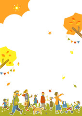 A colorful and fun frame illustration of an autumn town where people of all ages live
