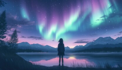 Obraz premium A silhouette of a person gazes at a stunning aurora borealis over a serene lake, surrounded by mountains and lush trees at twilight.