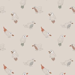 Seamless Pattern with Cute Hand Drawn Birds &ndash; Neutral Pastel Color Animal Design