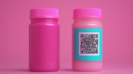 Eco brand digital and promotion concept. Colorful jars with lids against a pink background, featuring a QR code.