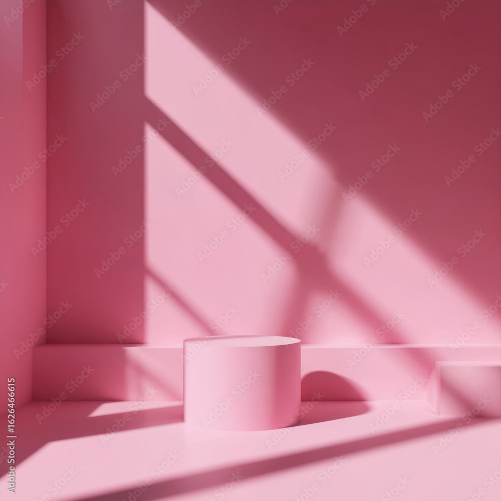 Poster soft pink room with minimalist decor, pink wall background, circle shape, white line on flat surface