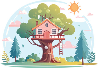 Fantasy Cartoon Forest Scene with Treehouse in Soft, Whimsical Colors