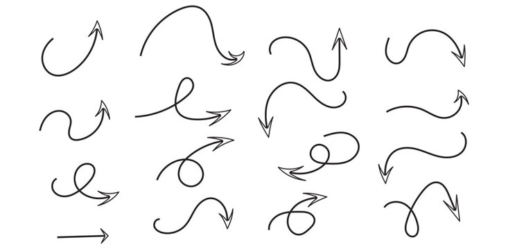 Pfeil Set: Handgezeichnete gebogene Pfeile mit Schleifen und Kurven, Doodle-Stil, Richtung, Bewegung, Skizzenillustration, Design, Vektor (Nr. 227)

