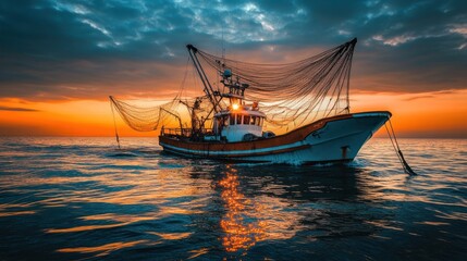 Obraz premium Fishing boat at sunset