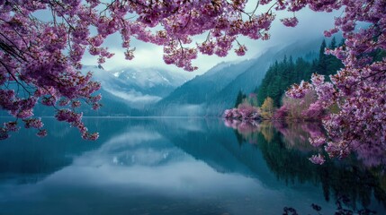 Cherry blossoms framing a mist-covered lake, towering mountains in the distance, their reflections crisp in the calm water, a perfect balance of color and mood