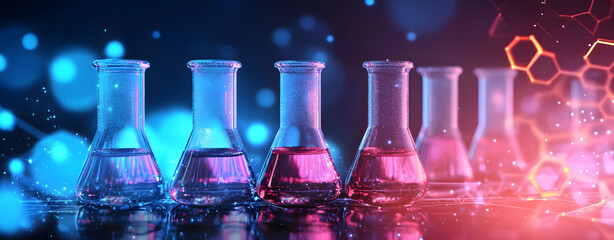 Futuristic biological lab with glowing chemical flasks and a digital molecular interface, for scientific research and remote learning concepts.