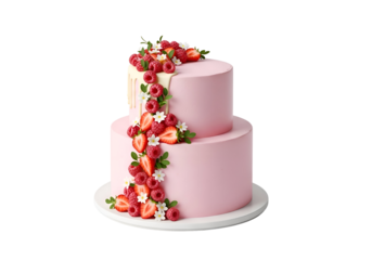 Two-tiered pink cake adorned with fresh berries and flowers.
