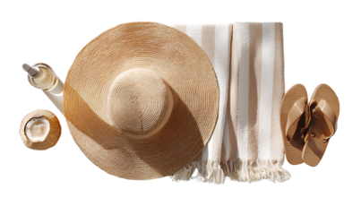 Minimalist Arrangement of Summer Beach Accessories with Negative Space, Front Angle View, Isolated on Transparent Background