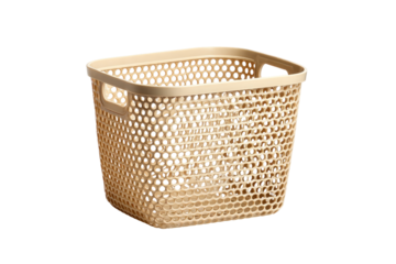 Square, light beige plastic storage basket with a perforated, honeycombed design and handles