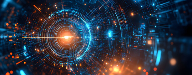 Obraz premium Futuristic background for a tech conference keynote. Abstract digital data tunnel with glowing blue and orange light streams.