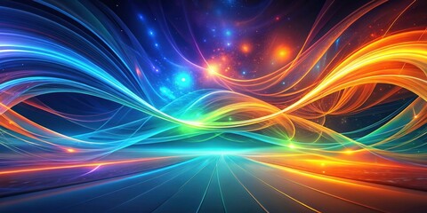 Abstract cosmic landscape with vibrant energy trails and a futuristic pathway