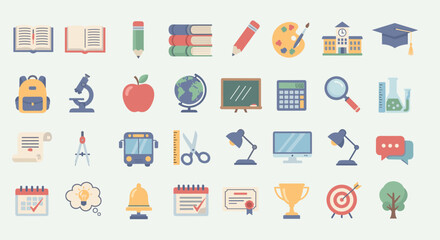 Colorful Education and School Supplies Icons Collection Flat Design