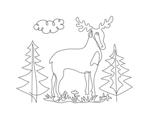 Moose, line art drawing, animal, national wildlife day. Antlers, deer. Graphic print. Wild animals, fir tree, tree, grass.